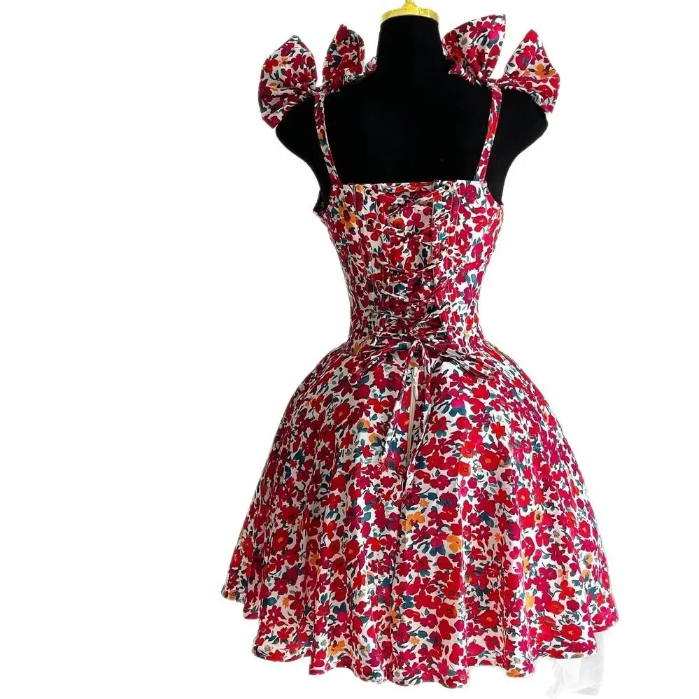 Elegant Floral Print A- Line Mini Dress with Bow Knot High Waist Slimming for Women Spring Season Fashion Casual Skirt 5