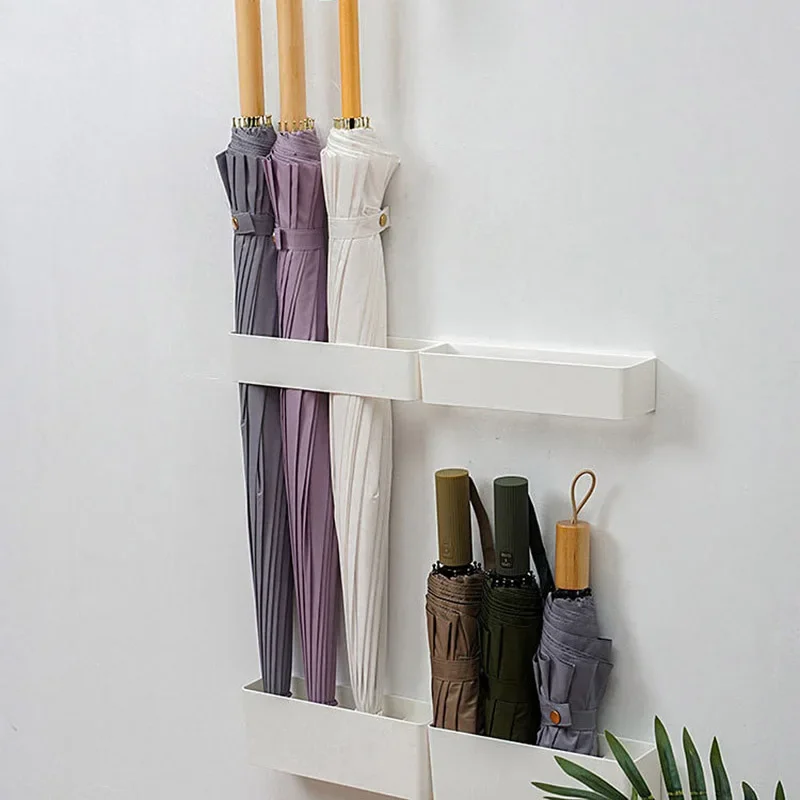2pcs Velcro Wall Mounted Umbrella Storage Rack White Adhesive Umbrella Standing Holder Box Home Office Storage Hanger Orgainzer