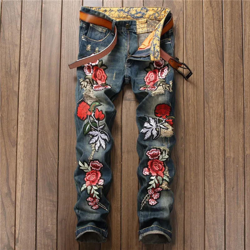 NewSpringPunkMensJeansEmbroideredRoseJeansPantsMidwaist