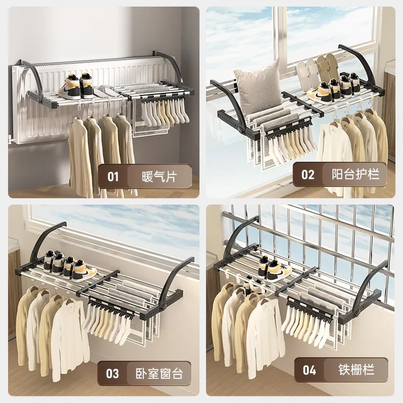 Foldable Clothes Drying Rack Balcony Extendable Drying Shoes Pillows Tainless Steel Fixed Balcony Window Organizer Hanger New