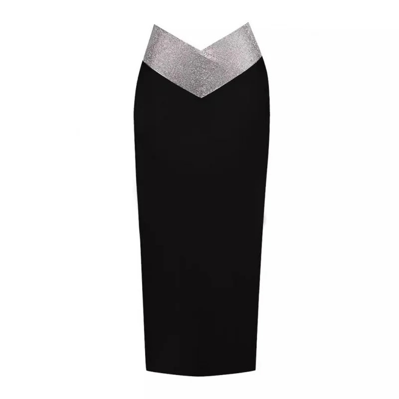 

2024 New Bandage Skirt European and American Fashion Shiny High Waist Stretch Sheath One-Step Skirt Mid-Length Party Skirt