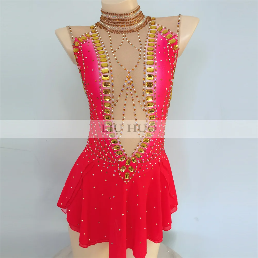 

LIUHUO Women Aldult Girl Customize Costume Performance Competition Leotard Ice Figure Skating Dress Dance Teens Red Sleeveless