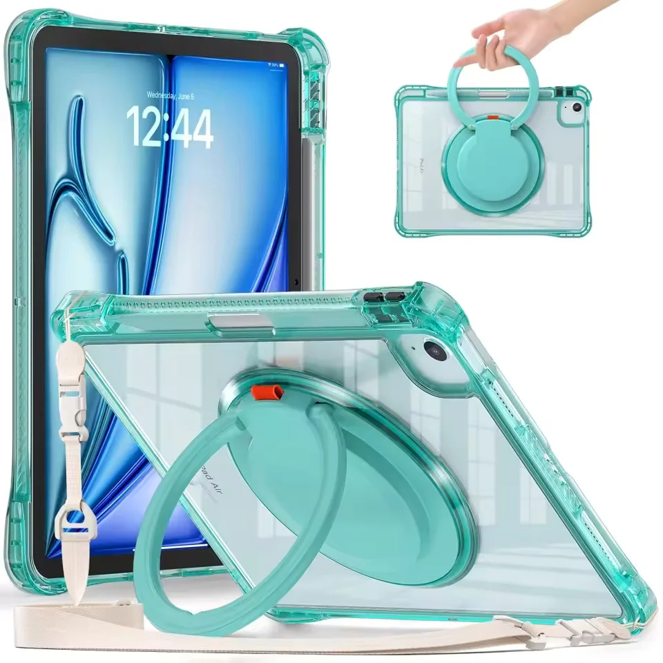 Versatile Clear Shockproof Tablet Case with Handle, Rotary Stand, Magnetic Pen Slot, and Strap