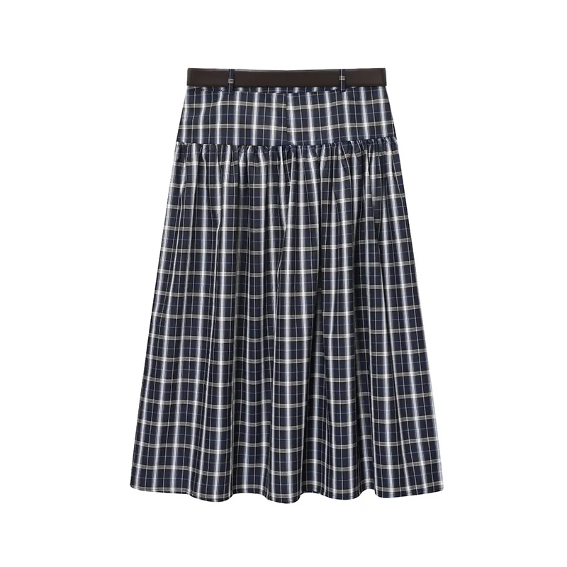 With Belt Long Skirts For Women Fashion 2025 New Vintage Plaid Midi Skirt High Street Casual Pleated Chic Midi Skirts Mujer ﻿