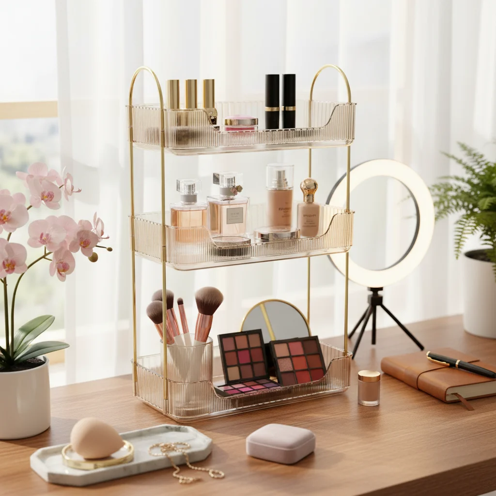3-Tier Makeup Organizer, Gold Cosmetic Storage Shelf with Handles for Bathroom Countertop Vanity Desk, Amber