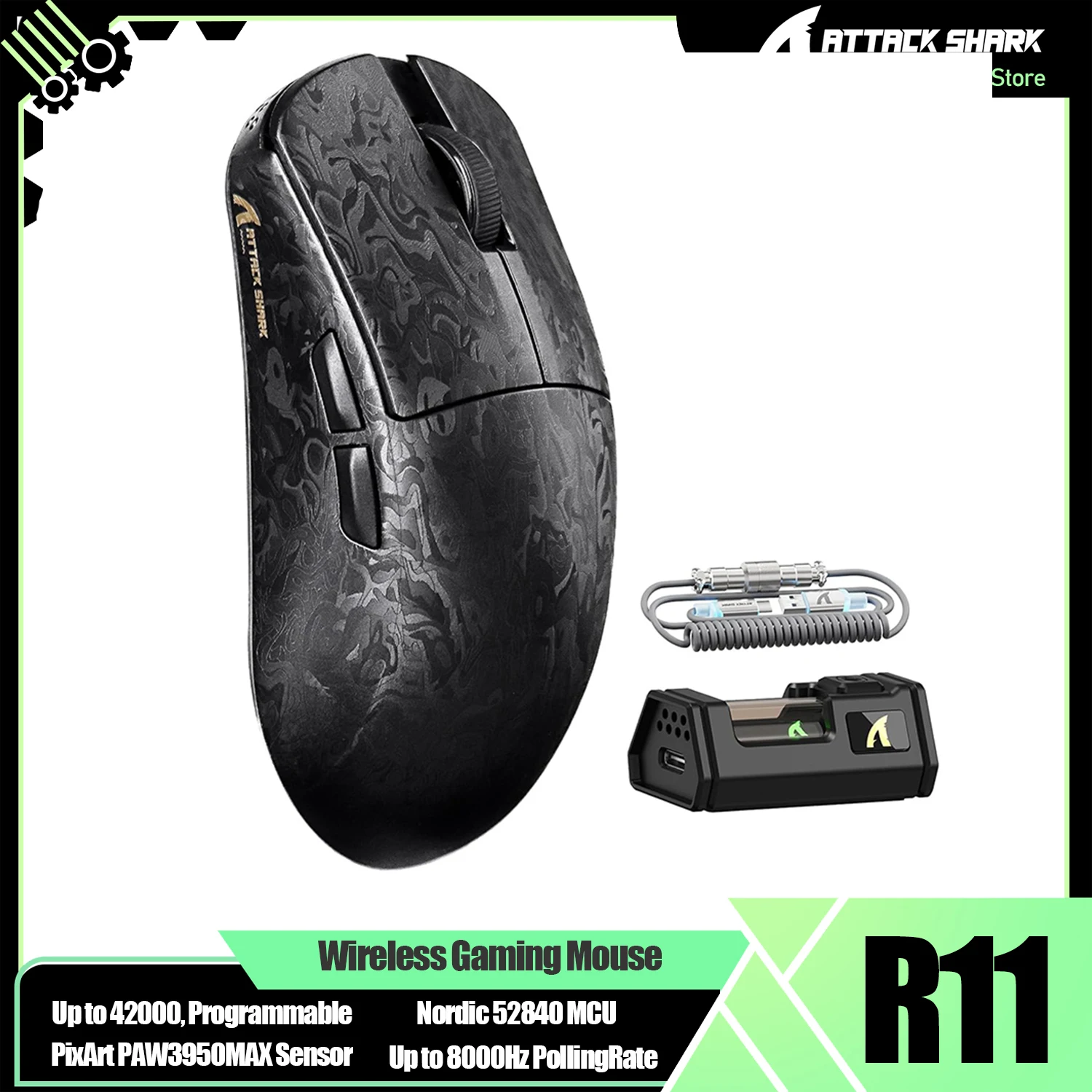 ATTACK SHARK R11 Ultra 8K Carbon Fiber Wireless Gaming Mouse with