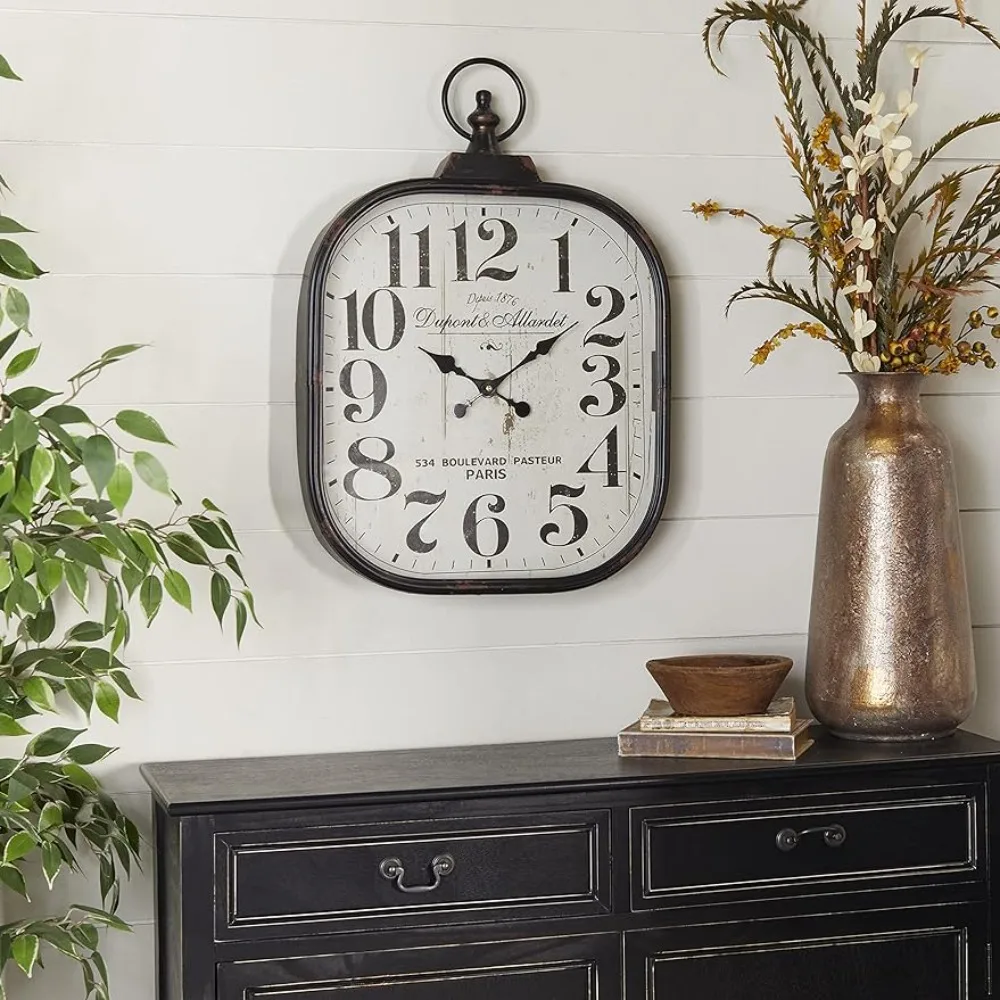 

Deco 79 Metal Distressed Pocket Watch Style Wall Clock with Ring Finial, 18" x 3" x 26", Black