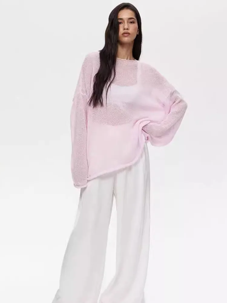 Knitted Hollow Sweater Pullover Women's Loose Long-Sleeved Fashion Solid Color Round Neck See-Through Street Top Pullover