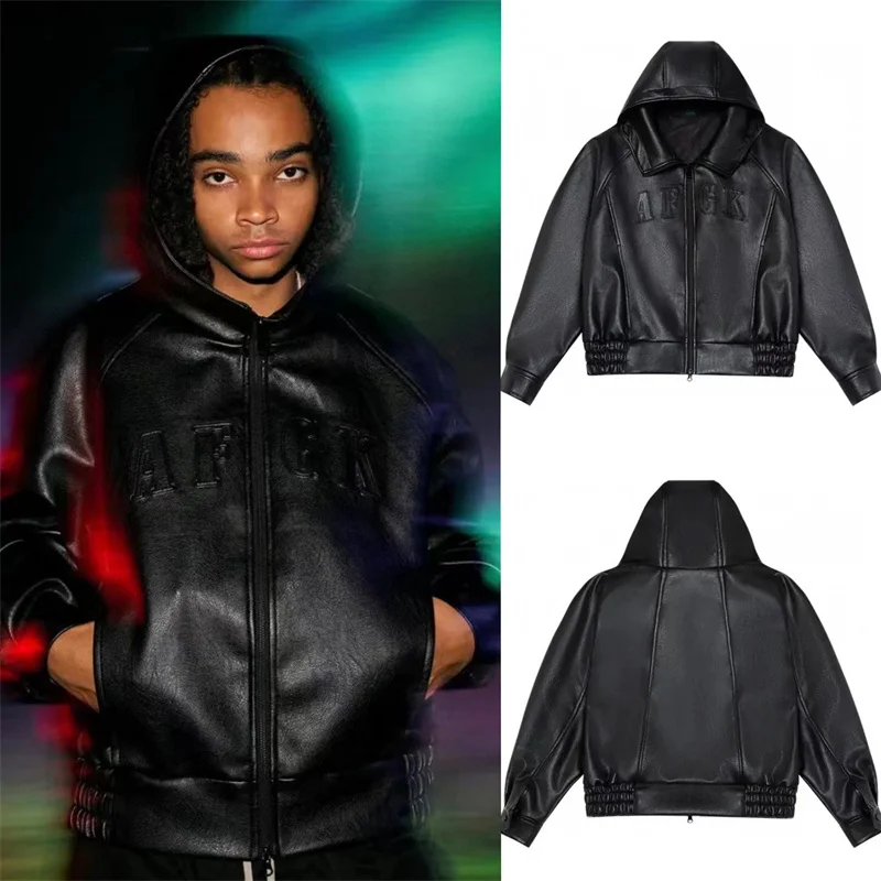 

hooded leather jacket New baseball jacket Zipper jacket Vintage black leather jacket Size: S-XL