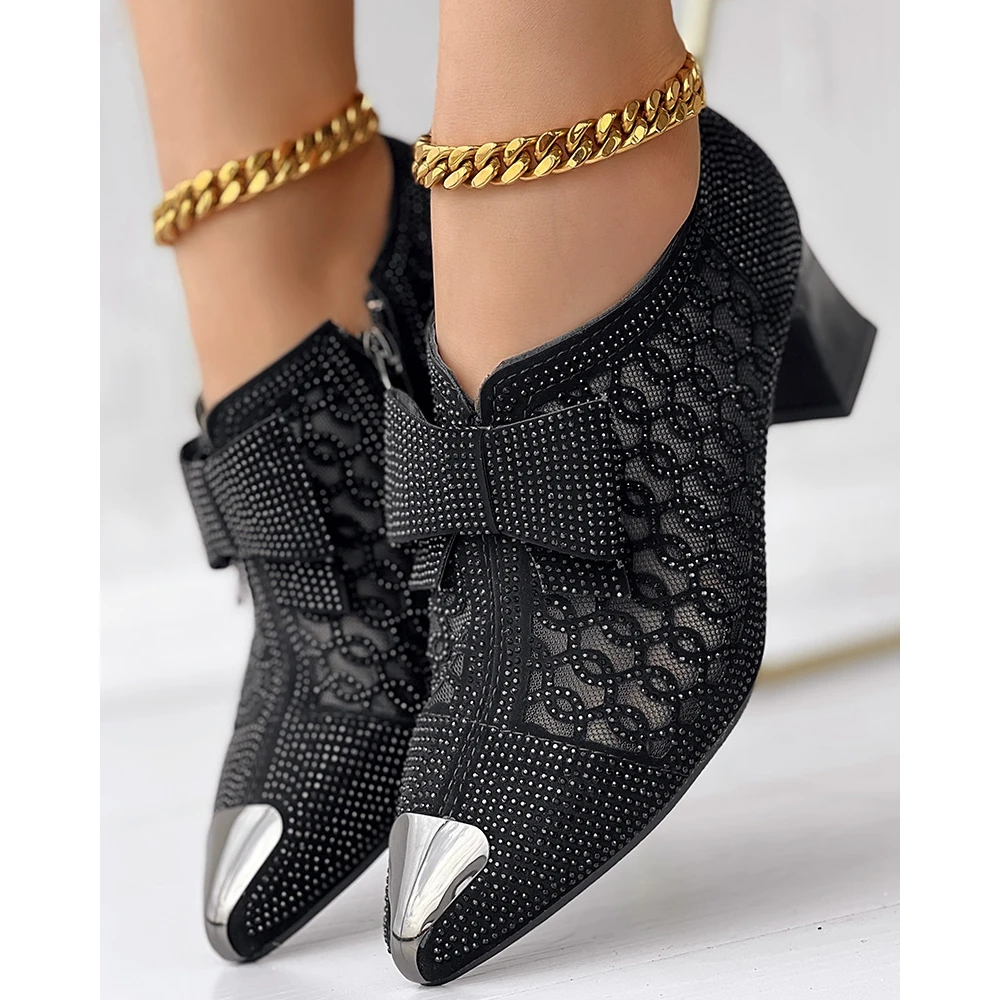 2023 Fashion Women Autumn Rhinestone Bowknot Decor Chunky Heels Femme Pointed Side Zip Ankle Boots Party Workwear Shoes Korean