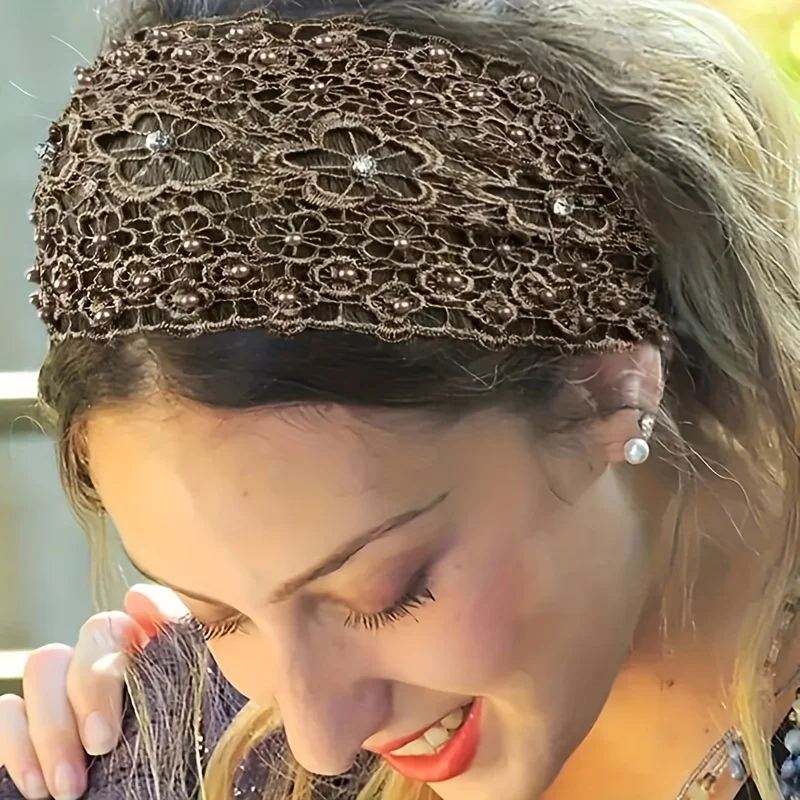 1pc, 4 Styles, Elegant Hollow Lace Flower Pattern Headband, With Faux Pearl Charms Stretch Headband, Wide Brim Rhinestone