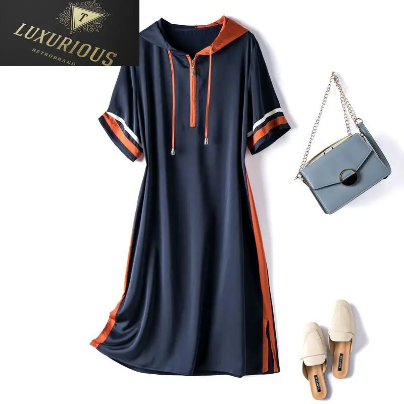 

Summer Women Clothing 2024 New Fashion Korean Style Side Stitching Acetate Fabric Hooded Collar Short-sleeved Dresses