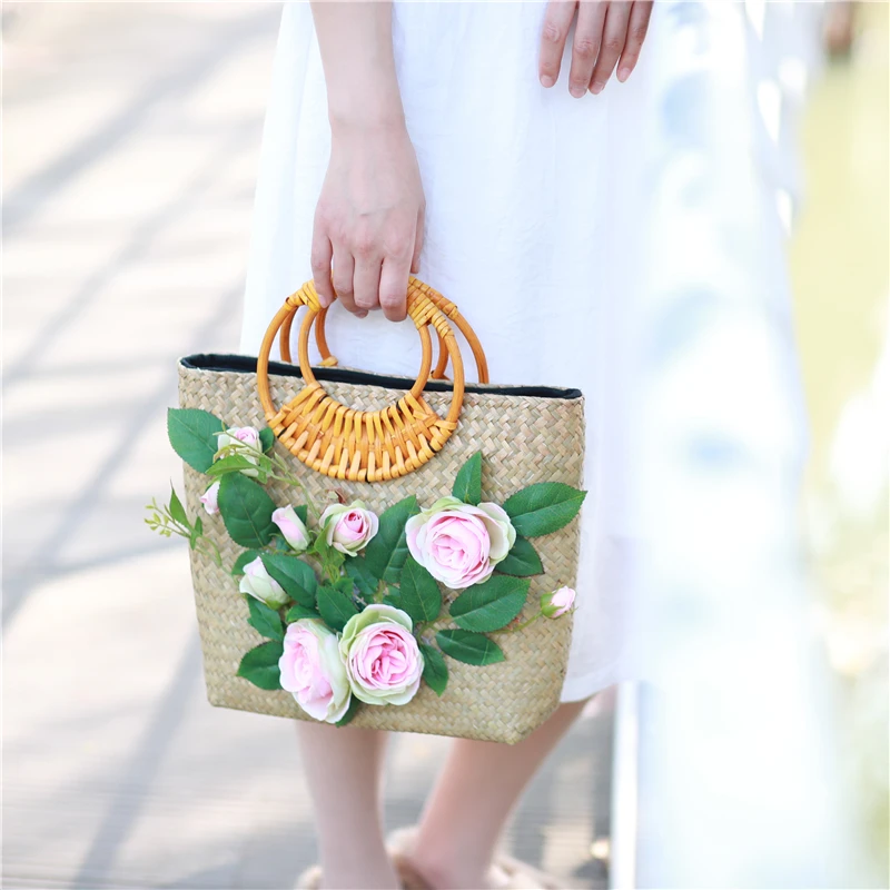 Bolso de paja con flores para mujer, bolsa de mimbre tejida mano, a la moda, de punto, de viaje, para playa, novedad de verano|Cubos| - AliExpress