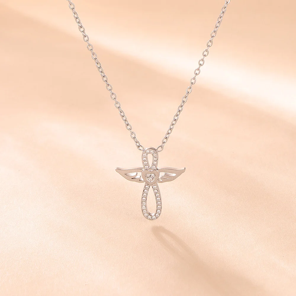 Luxuriöse Bling Cubic Zirconia Halsketten-Armbänder-Sets für Damen, Edelstahl Engelsflügel Anhänger Kette, modischer Charm-Schmuck. – Detail 8