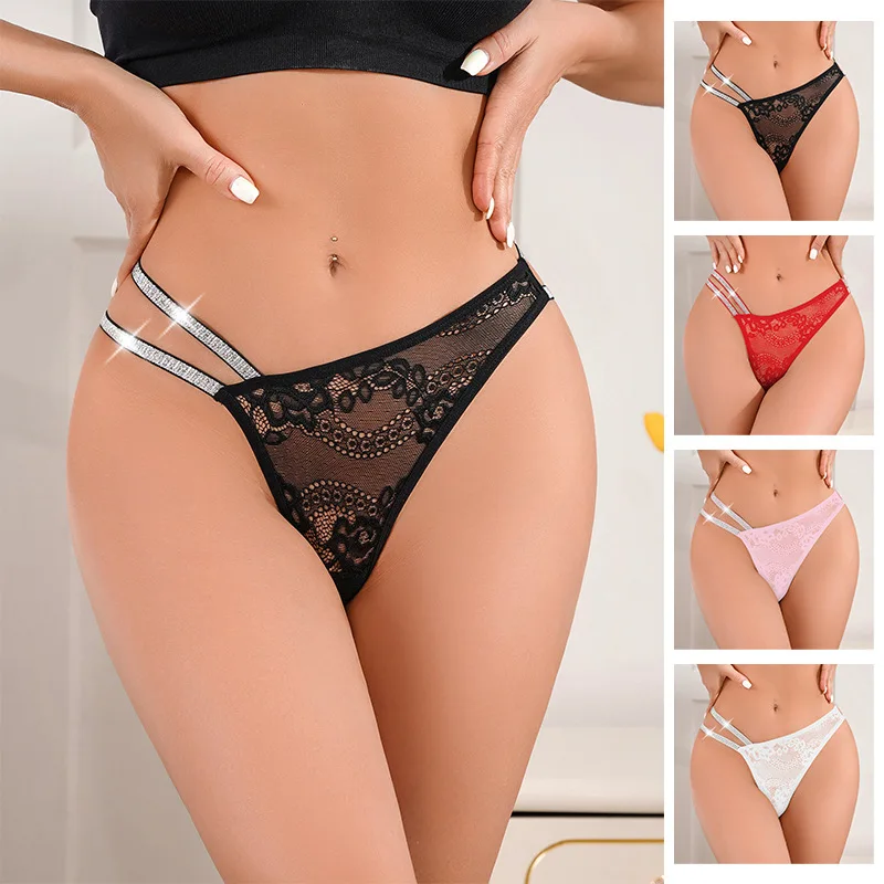 Sexy Lingerie Low Rise Women's Thong Female Transparent Panties Black  Hollow Out Strap G-string Perspective Lace Underwear Lady