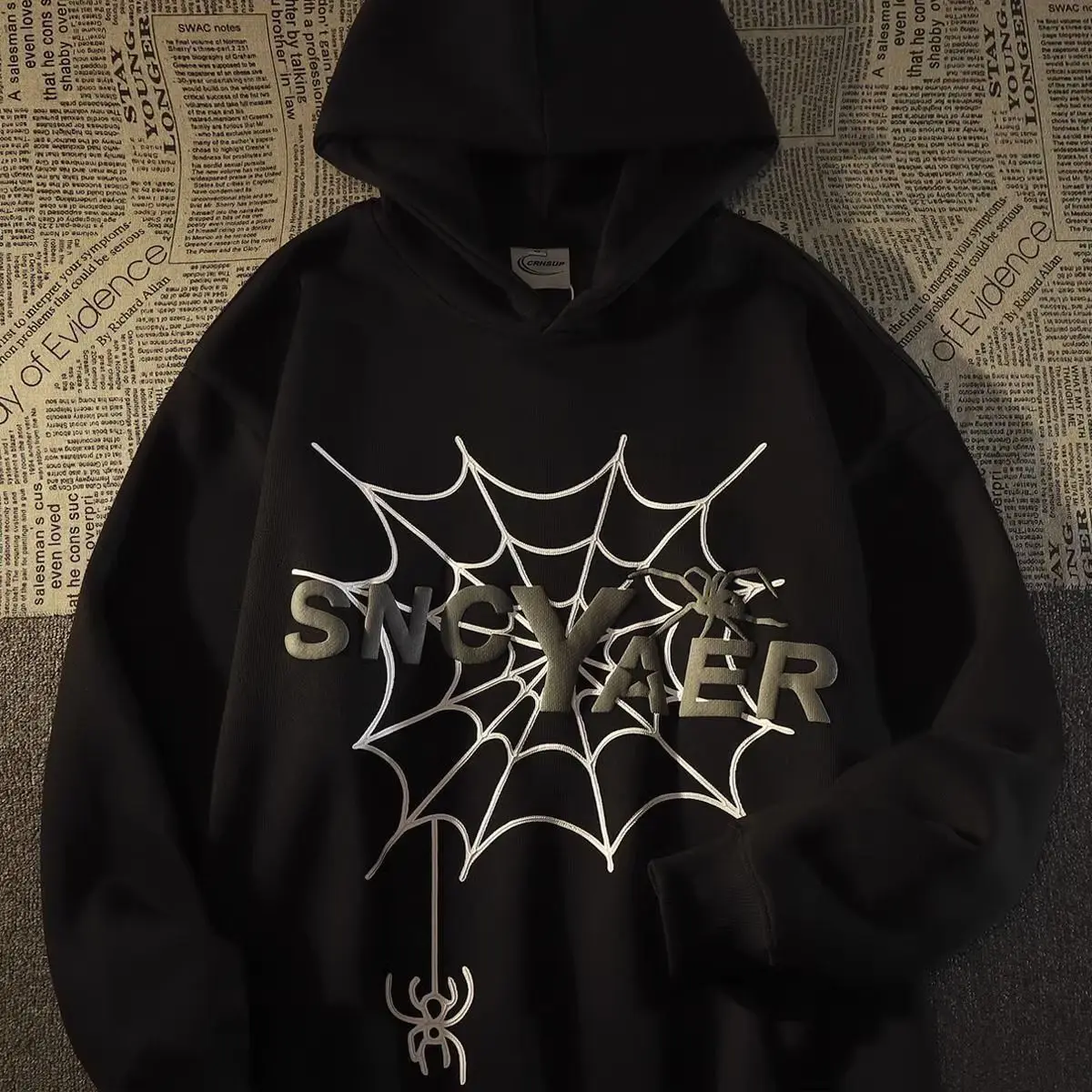 

Vintage Spider Web Letter Printing American Hoodie Street Quality Sweater Coat Men's Loose European Street Oversize Top