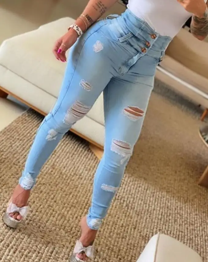 

Women's Jeans 2023 Trend Autumn Fashion High Waist Buttoned Cutout Ripped Casual Skinny Plain Pocket Design Daily Long Jeans