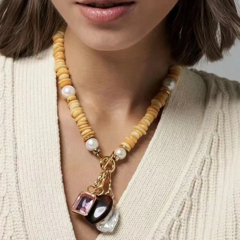 

Creative Design Irregular Citrine Freshwater Pearl Mix and Match Necklace Women Girl Trendy Charm Heart Pendant Collar Jewelry