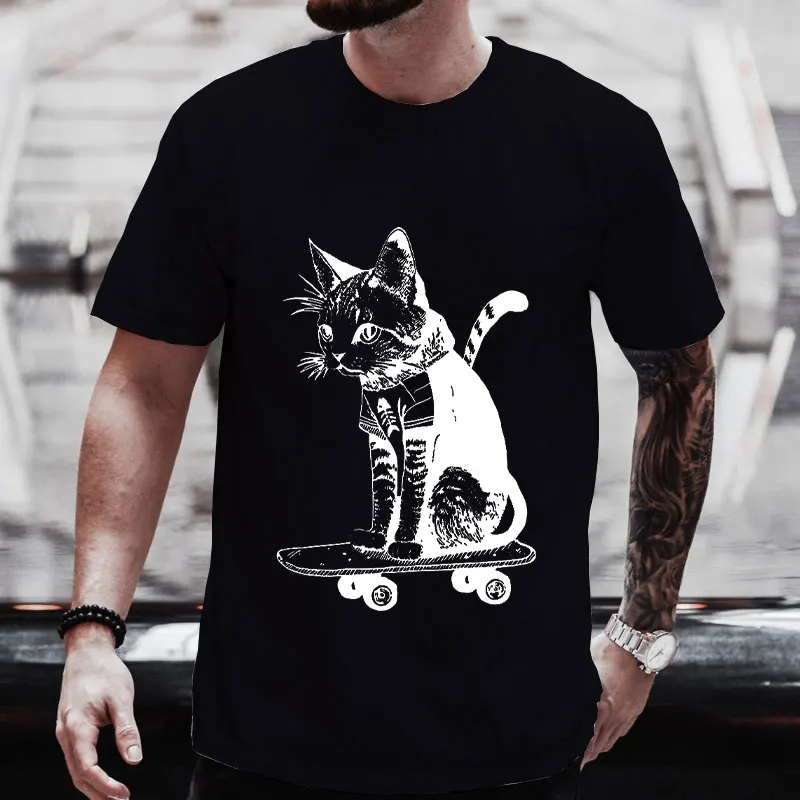 

T Shirts for Men Women Skateboard Cat Graphic T-Shirt Short Sleeve Tshirt Casual Graphic Tee Shirts Cat Lovers Men's Clothing