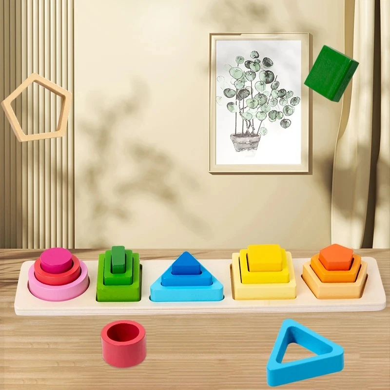 Wooden Toys Montessori Geometric Shape Five Sets Columns Blocks Assembling Children Enlightenment Early Education Puzzle