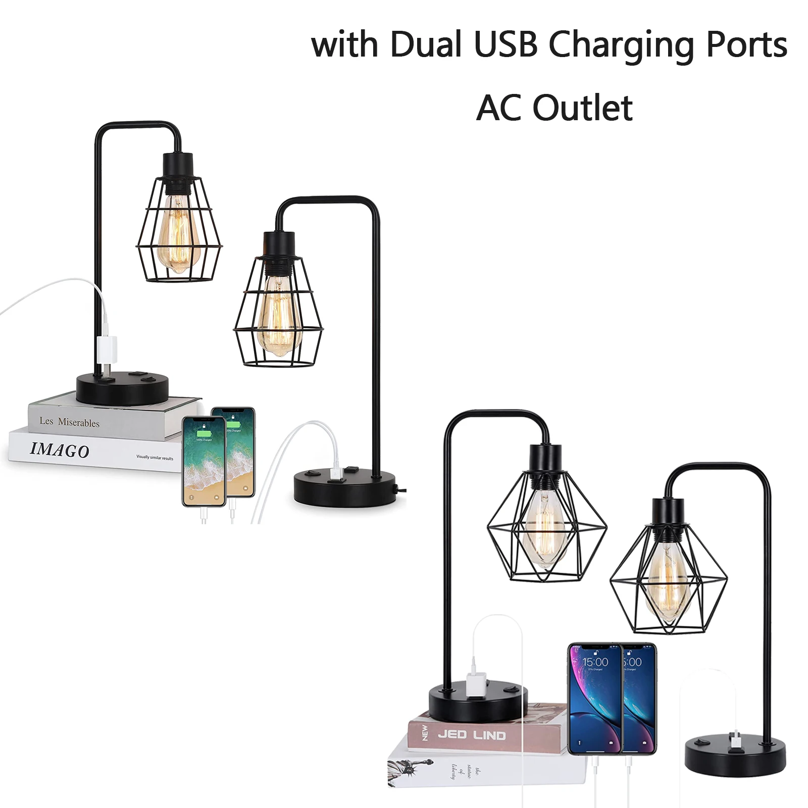 Set of 2 Black Industrial Table Lamp Nightstand Bedside Lamps w/ USB Ports Shade 2
