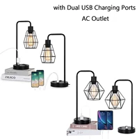 Set of 2 Black Industrial Table Lamp Nightstand Bedside Lamps w/ USB Ports Shade 2