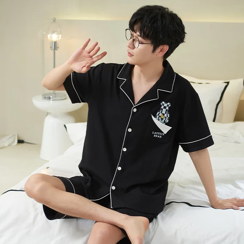 Summer Knitted Cotton Mens Pyjamas Pajamas Casual Short Sleeve Short Pants Sets Men's Sleep Lounge Night Pijamas 3XL Home Clothi soft cozy short sleeve sleep tops pants pijamas sleepwear silk pajamas for men nightgown mens lounge wear 3xl luxury pajamas