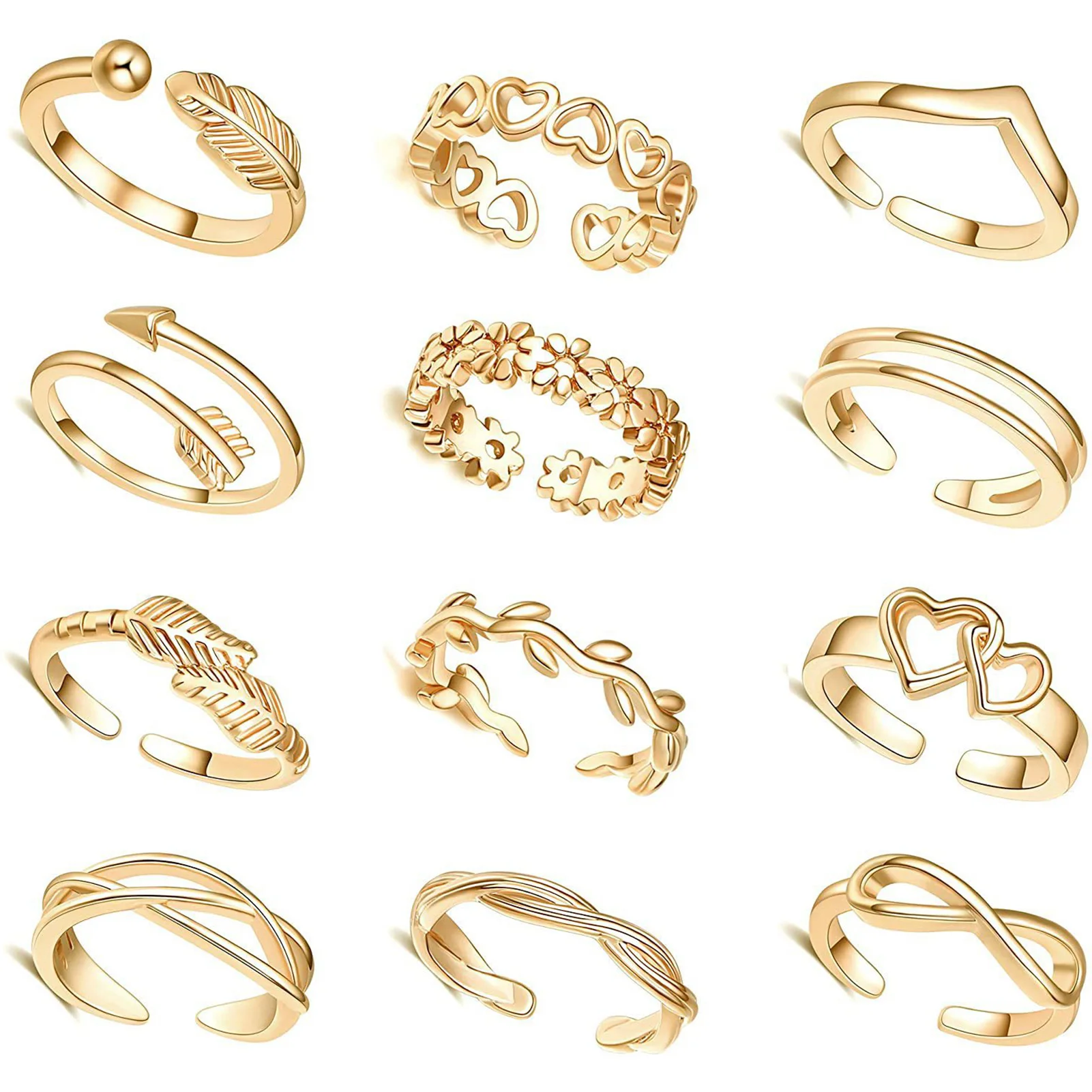 

12Pcs Adjustable Toe Rings for Women Foot Ring Gold/Silver Color Metal Round Jewelry for Girls Summer Beach Barefeet Fashion