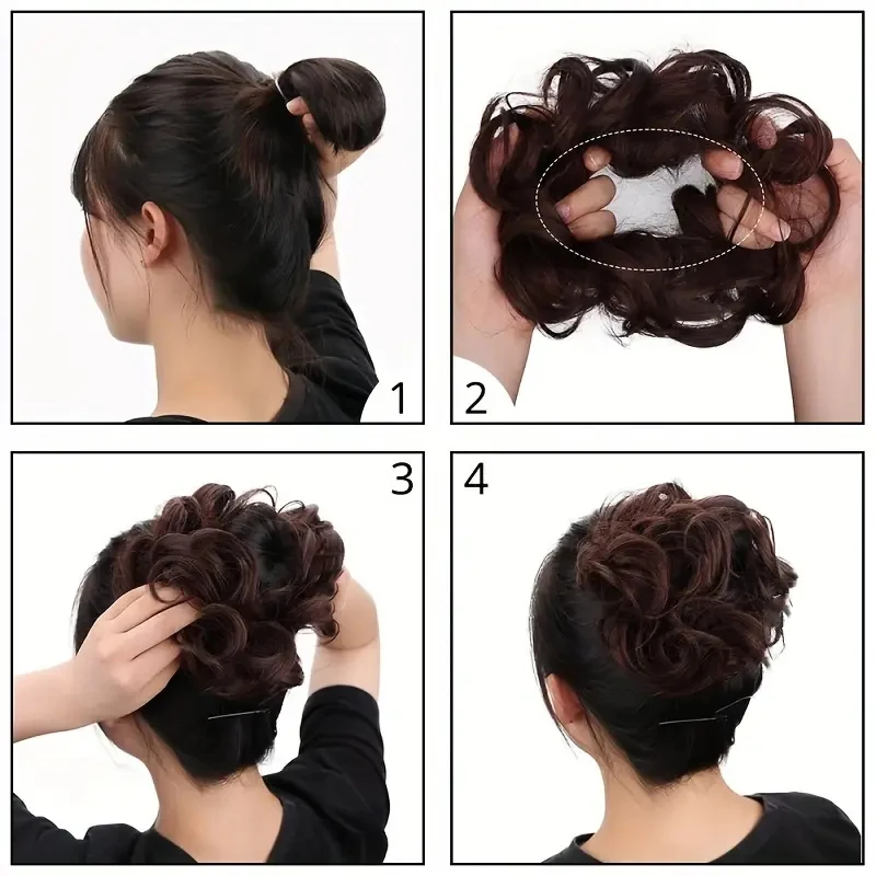 Women's Synthetic Messy Curly Hair Bun with Elastic Rubber Bands High Temperature Fiber Invisible Ponytail Wrap for All Types