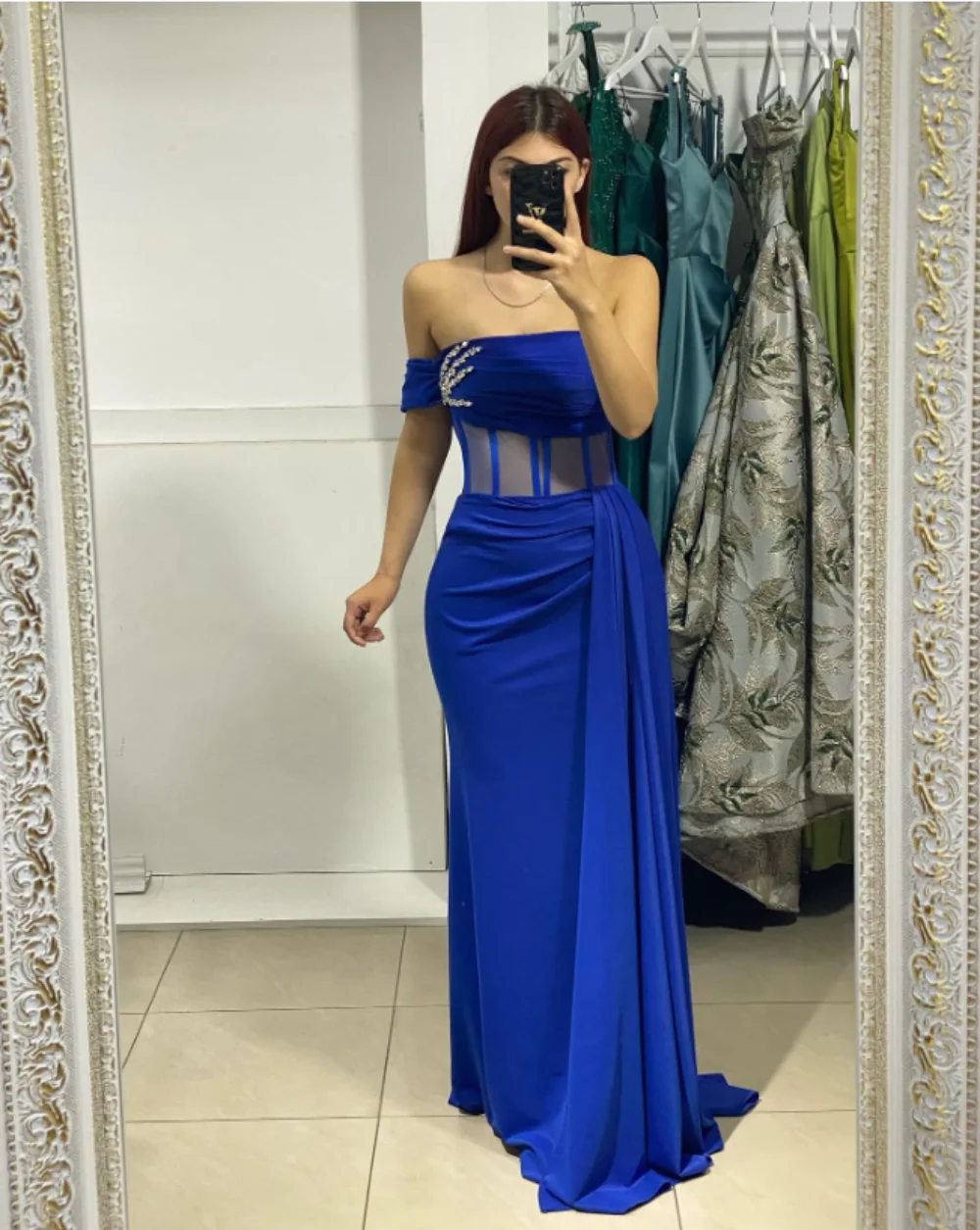 

Blue Simple 2024 New Off Shoulder Satin Evening Dress Appliques Lace Pleated Party Prom Gowns Custom Made Mermaid Formal Dresses