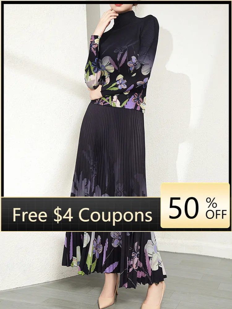 

Miyake pleated fashion suit Western-style fashionable women's long-sleeved slim turtleneck top printed high-waisted skirt