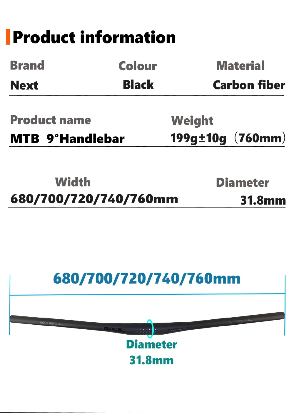 Raceface Next MTB Handlebar 9 Degree Full Carbon Mountain Bike Handlebars 31.8mm Carbon Handlebar Matte Black Bike Accessories