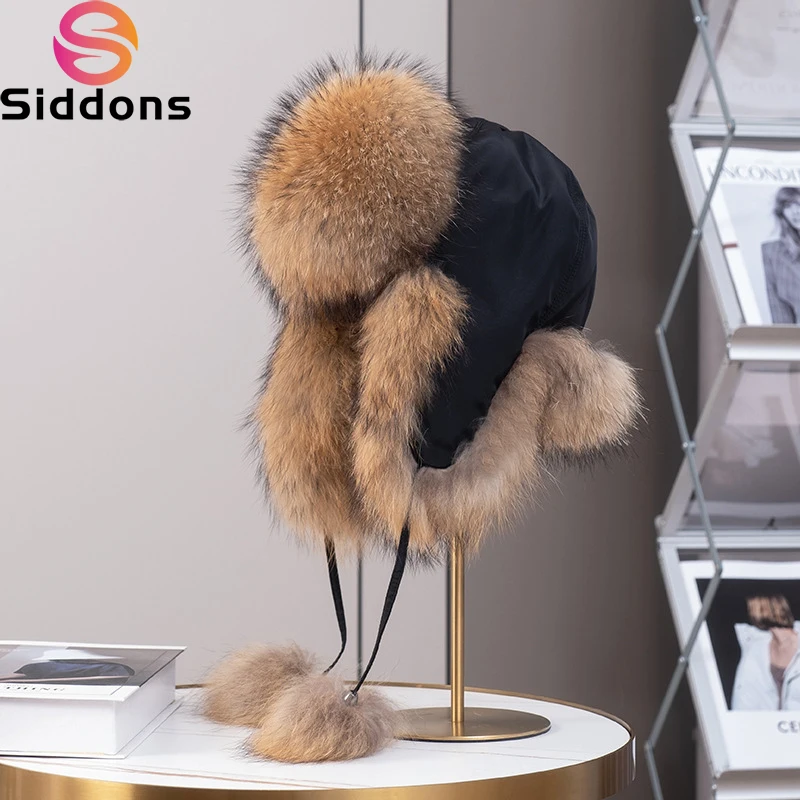 

Women Natural Raccoon Fur Caps Lady Real Fox Fur Cap Pompon Ushanka Hats for Winter Thick Warm Ears Fashion Bomber Pom Pom Hat