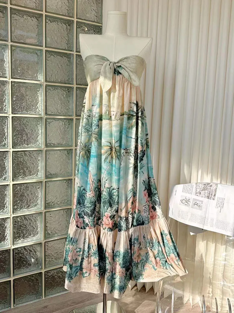 

Beach Holiday Retro Sundress Strapless Spring Summer Scenery Print Design Fairy Dress Vintage Bow Prom Gown Fashion Streetwear