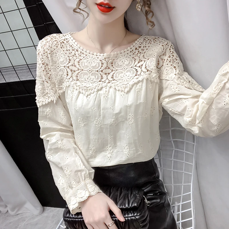 Blusa manga larga mujer, Camisa de algodón con retazos de encaje, color marfil dulce|Blusa| - AliExpress