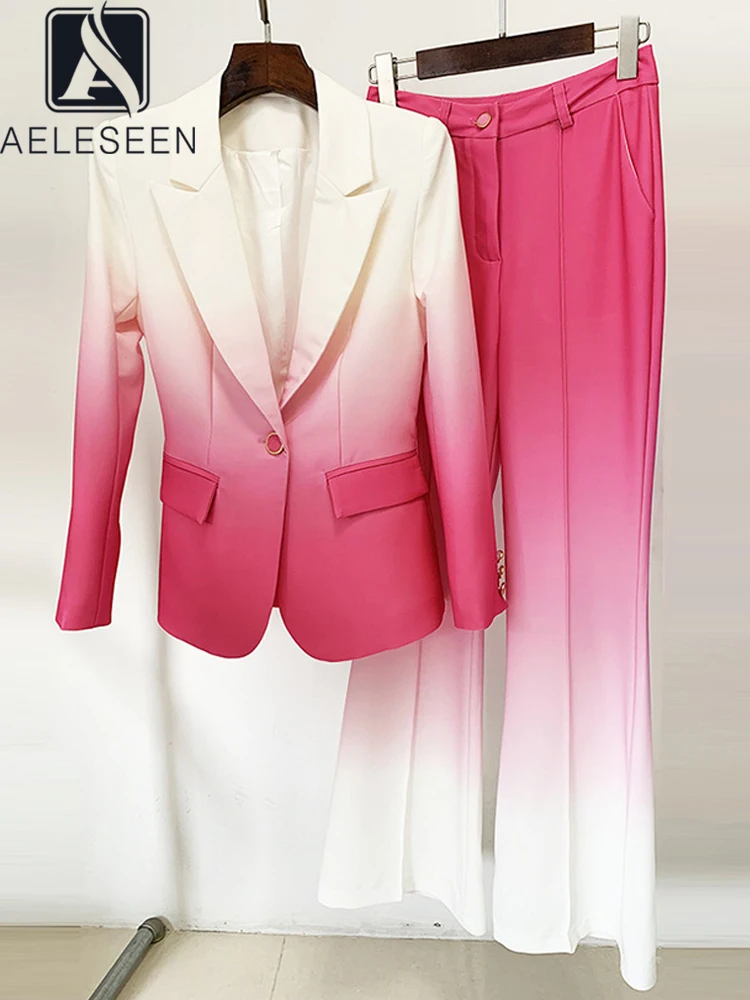 

AELESEEN Runway Fashion 2 Pieces Set Women Autumn Winter Gradient Color Pink Blue Blazer + Flare Pants Elegant High Quality Set