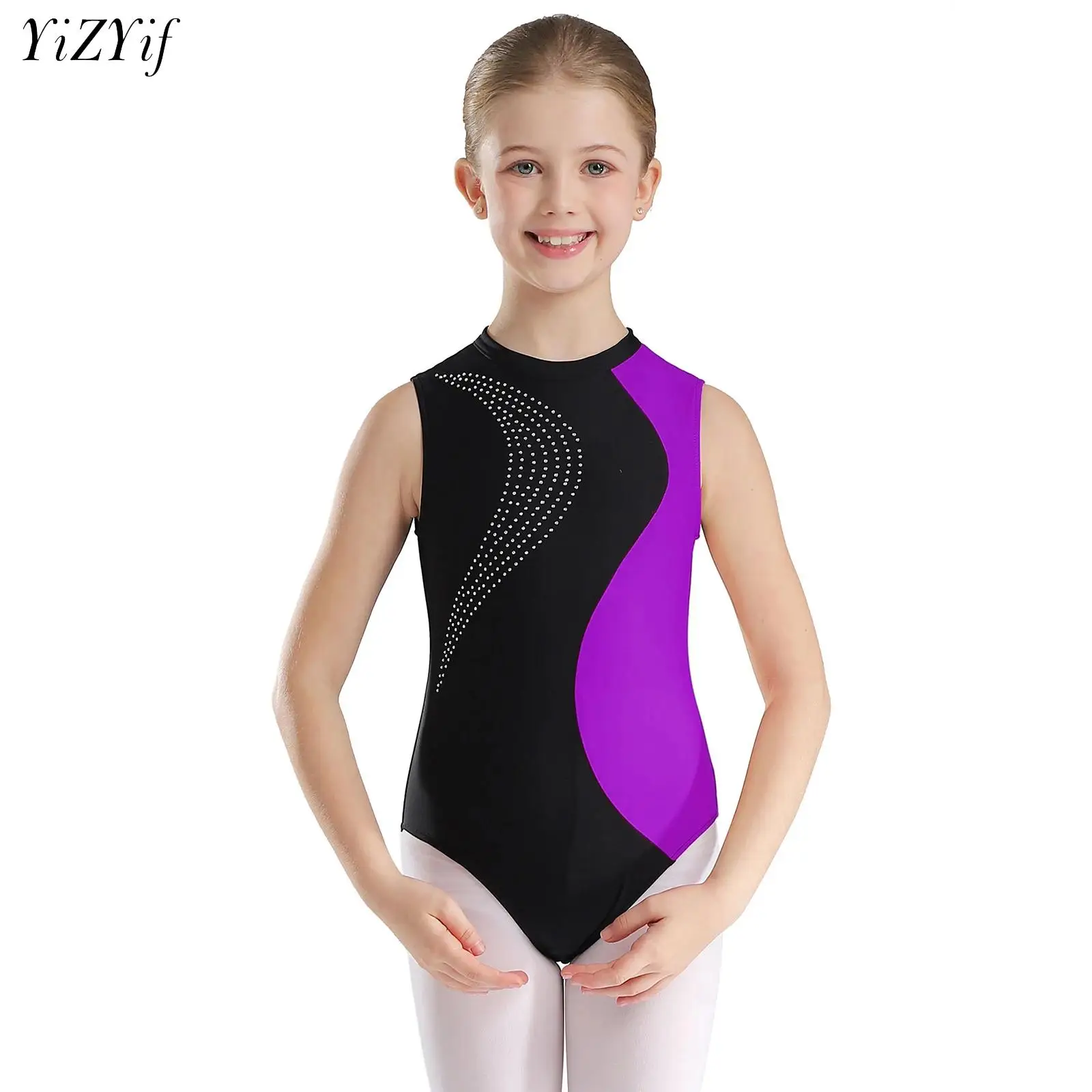 

Kids Girls Ballet Gymnastic Leotard Figure Skating Gymnastics Yoga Competition Costume Sleeveless Rhinestone Bodysuit Dancewear