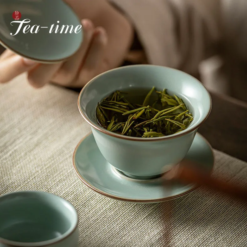 120ml Retro Azure Porcelain Tea Tureen Ru Kiln Sancai Cover Bowl Household Tea Maker Cup Saucer Can Raise Kungfu Teaset Gift Box