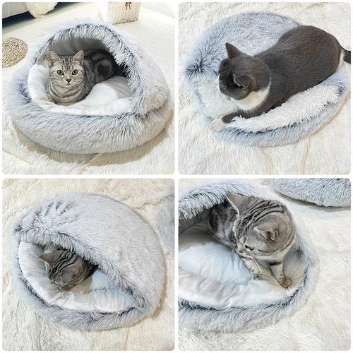 겨울 긴 봉제 애완 동물 고양이 침대 라운드 고양이 쿠션 고양이 집 2 1 따뜻한 고양이 바구니 고양이 수면 가방 고양이 둥지 개집 작은 개 고양이 3