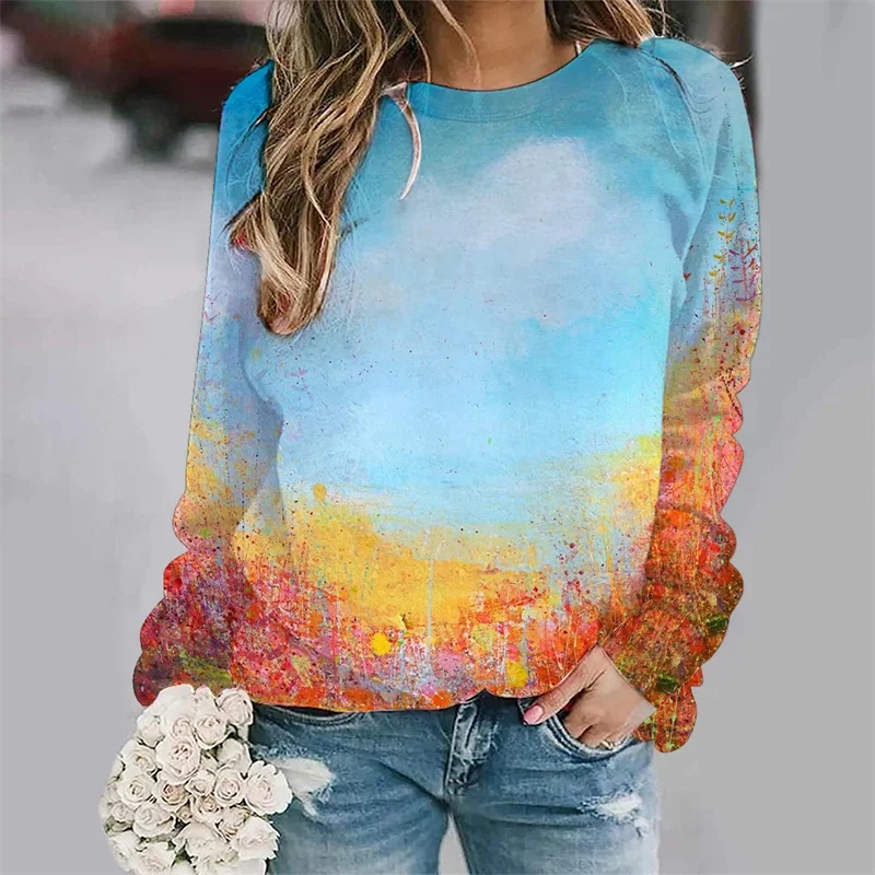 thumbnail image 1 of Nueva camiseta de manga larga con estampado gráfico de pintura al óleo para mujer, camiseta larga de calle con cuello redondo, camiseta holgada Y2k, 1 of 5