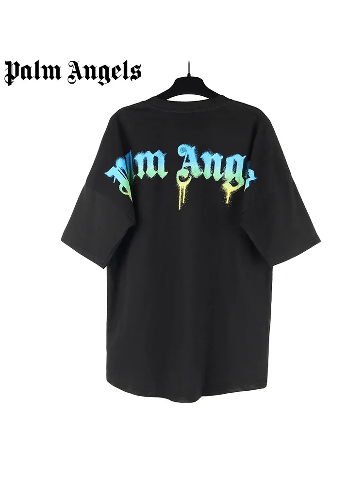 palm angels Summer Fashion Gradient Coconut Letters Printed Cotton Loose Round Neck T-Shirt Tops For Men Women Couple Model