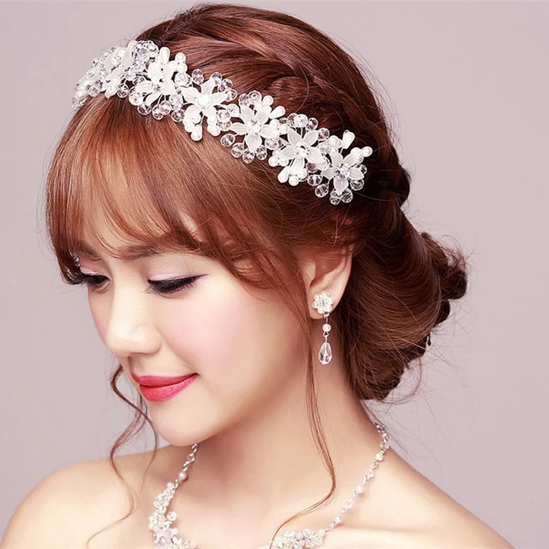 Glass Crystal White Flower Pearls Headbands Wedding Accessories hairbands for Bride Tiara Bridal Hair Jewelry Fashion crown headband bridal hair accessories hair accessories