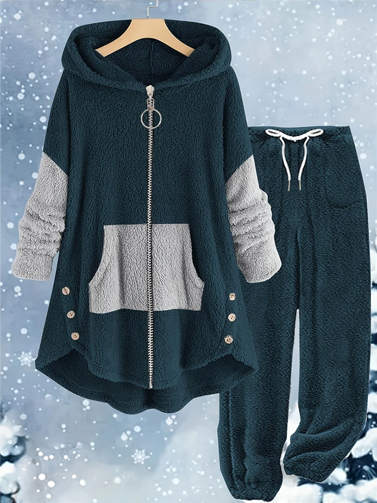 Plus Size Warm Contrasting Sweater Set On Sale Clearance Hooded Zip-Up Package Cardigan Drawstring Long Pants With Elastic Cuffs 1