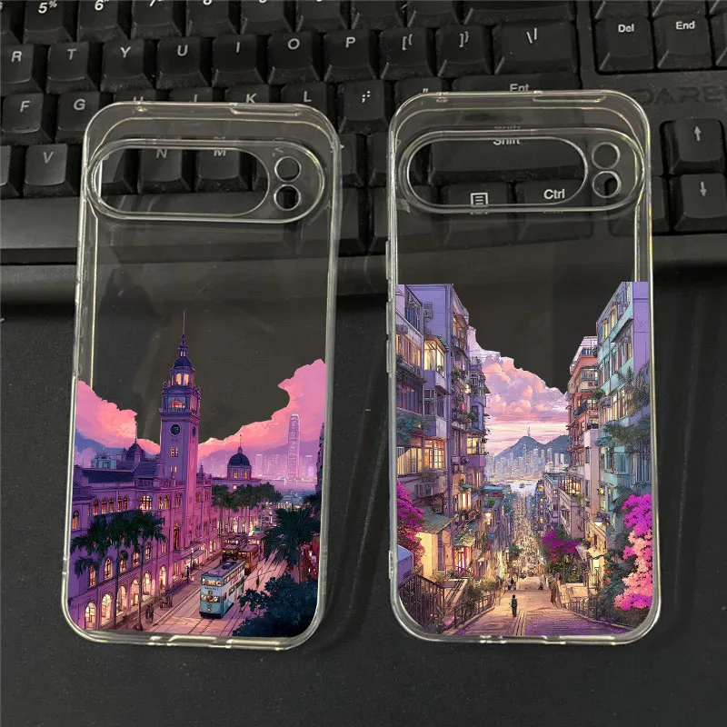 Anime Cityscape Transparent Phone Case with Pink Sunset TPU Cover