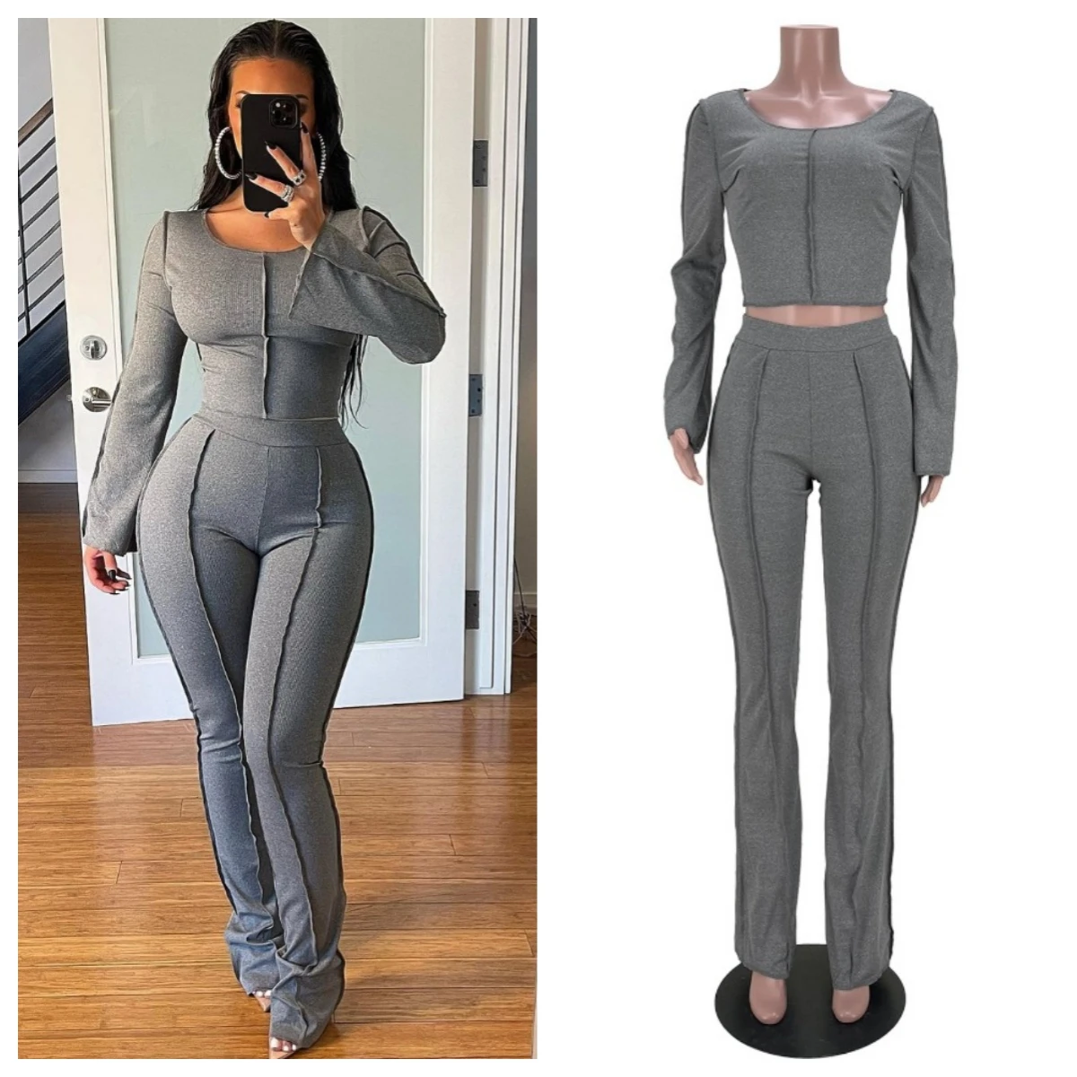 Ruffles Ribbed Solid 2 Piece Set Women O Neck Long Sleeve Crop Tops High Waist Slim Flare Pants Casual Home Suits Streetwear