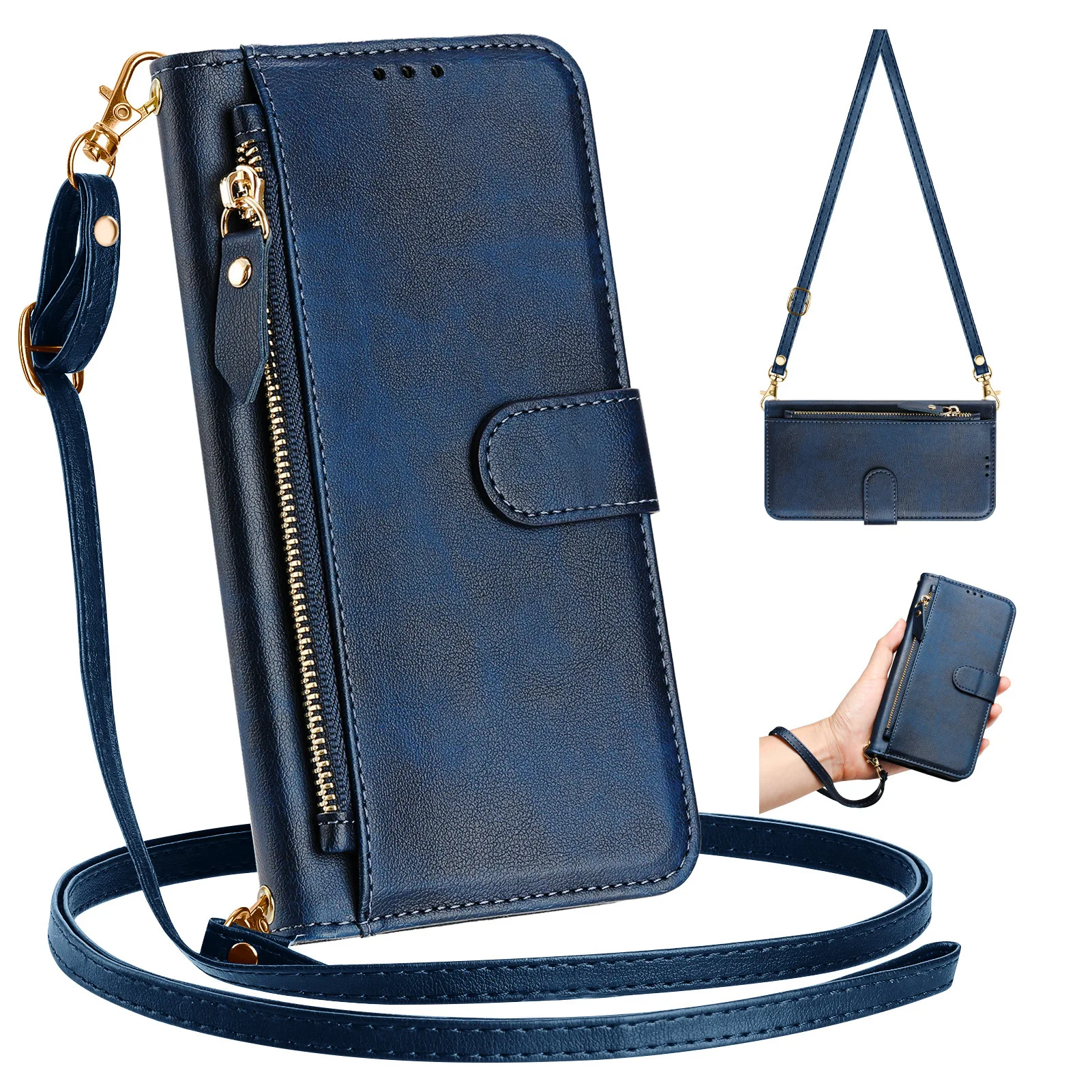 Vintage Leather Crossbody Flip Wallet with Multi-Card Slots and Zippered Pouch