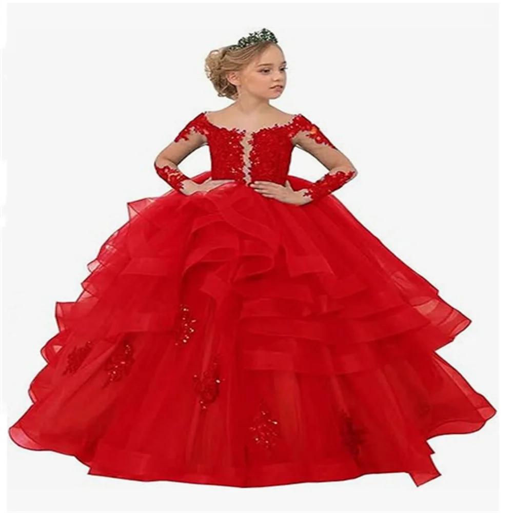 

Red Flower Girl Dresses For Wedding With Long Train Princess Pageant Holy Communion Birthday Princess Guest Evening Gown