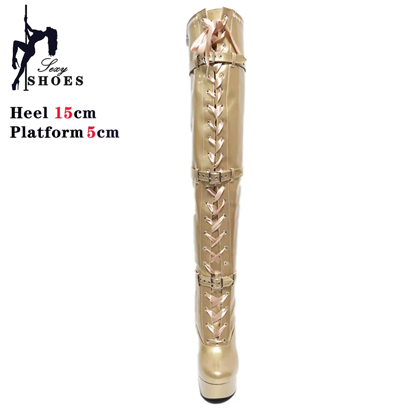 Golden Silvery Sexy Belt Buckle Women's Boots Over-the-knee Boots 15CM Stiletto Ladies Boots Pole Dancing Shoes Thigh Boots Lady