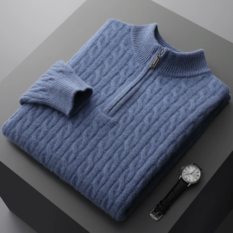 Turtleneck Sweater Autumn and winter merino wool cashmere sweater men&rsquo;s thick twist top zipper collar bottoming shirt plus size knit pullover