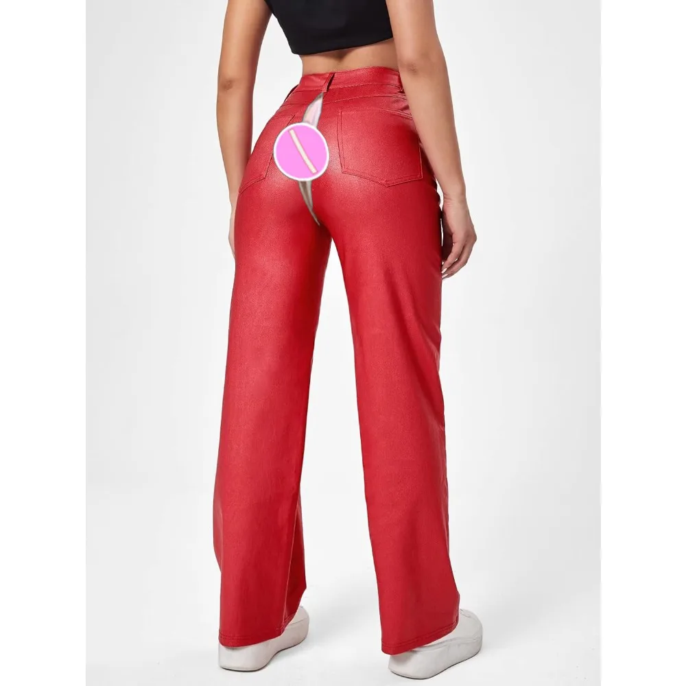 Invisible Open Crotch Outdoor Sex Women High Waist Pocket Straight Leg Boyfriend Jeans Leather Faux Leather Leggings PU Trousers